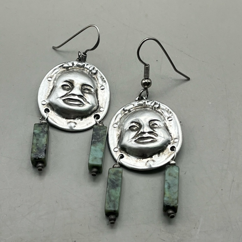 Vintage Sterling Silver Moon Face Earrings with Turquoise Accents Dangles